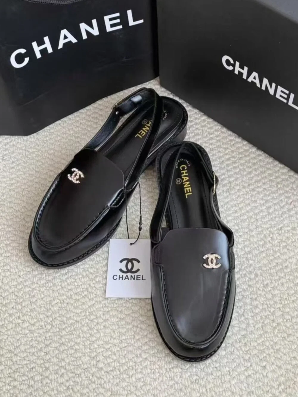 Chanel Crystal CC Logo Black Leather Slingback Loafers
